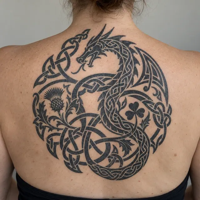 Blackwork Celtic animal tattoo on the upper back