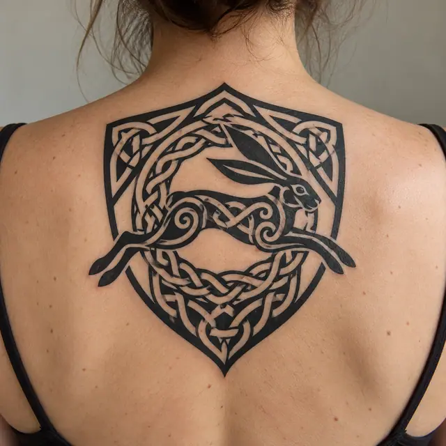 Blackwork Celtic animal tattoo on the upper back