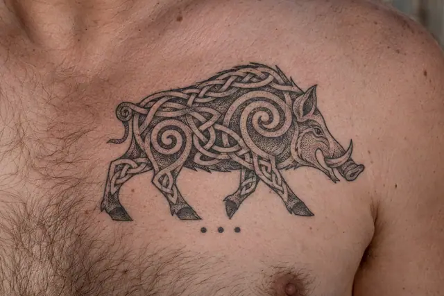 Dotwork Celtic animal tattoo on the chest