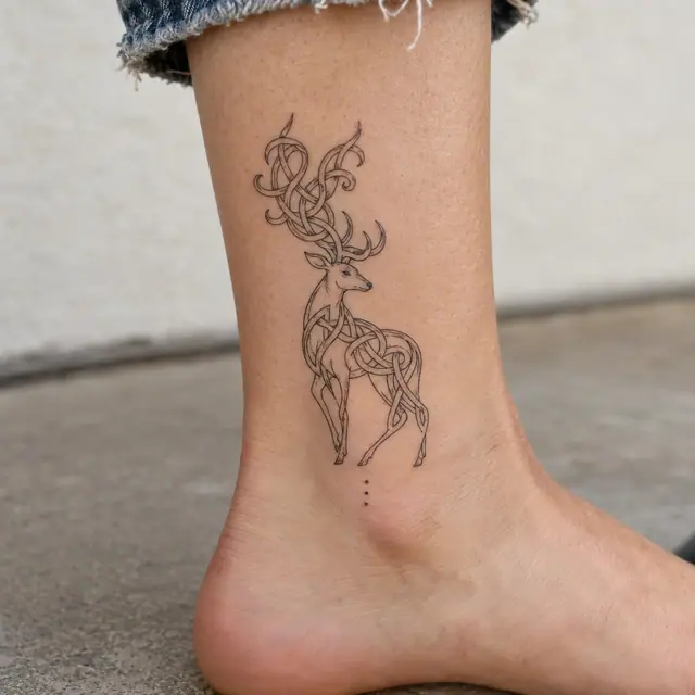 Fine-line Celtic animal tattoo on the ankle