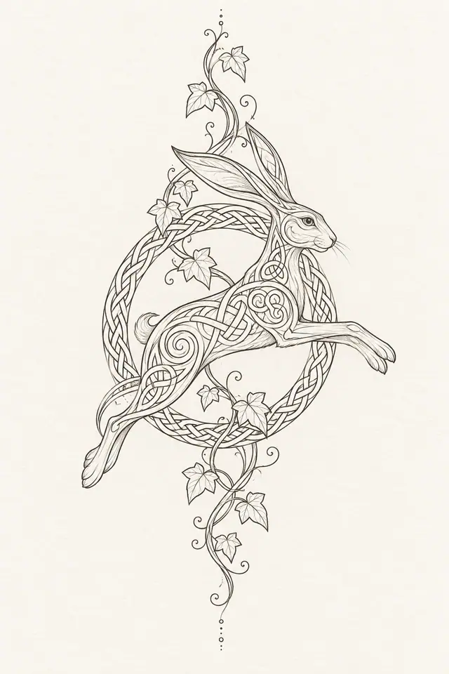 Fine-line Celtic animal tattoo design for the calf