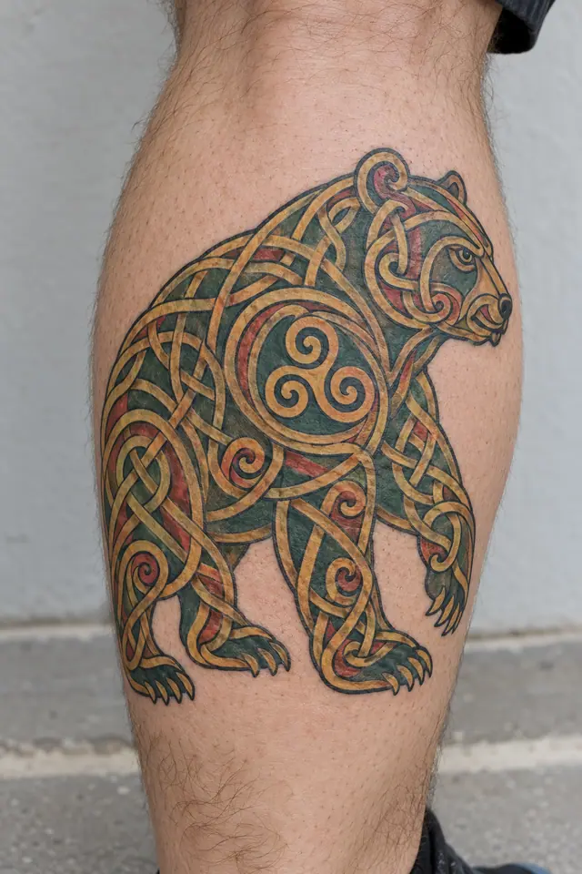 Color illuminated Celtic animal tattoo on the calf