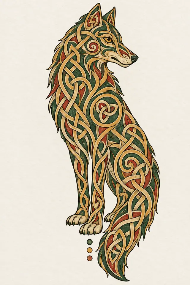 Color illuminated Celtic animal tattoo design for the calf