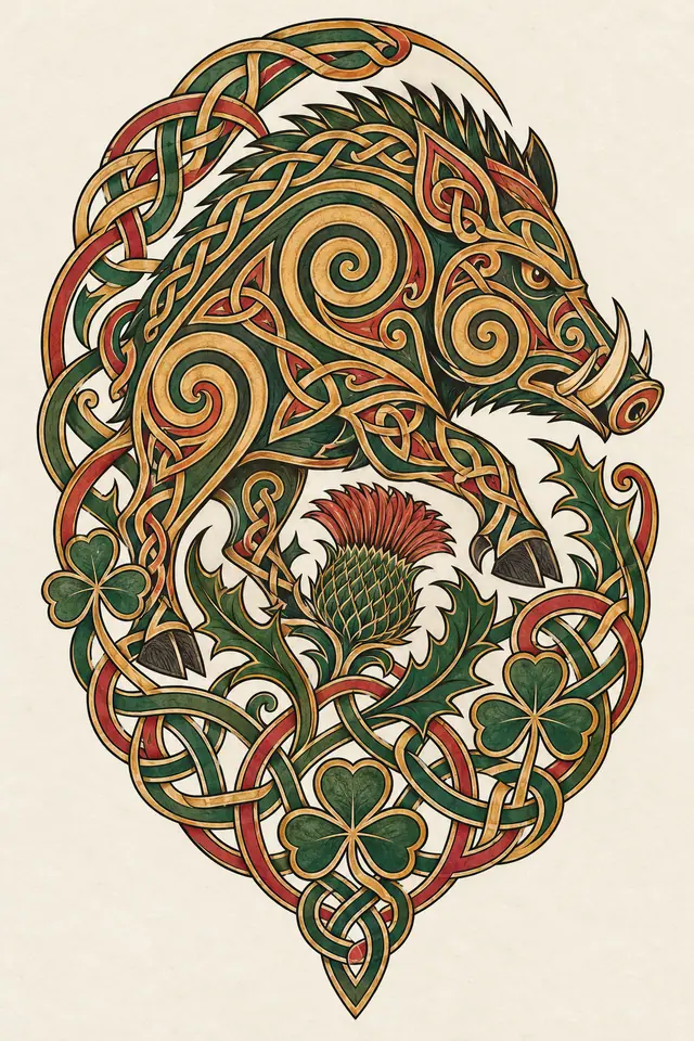 Color illuminated Celtic animal tattoo design for the upper arm (half sleeve)