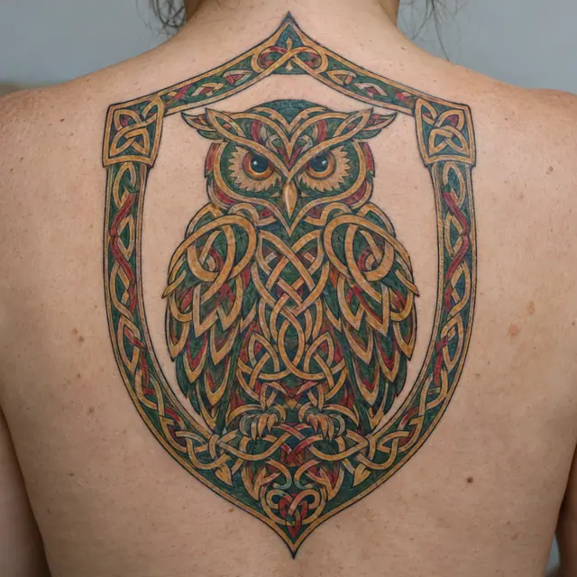 Color illuminated Celtic animal tattoo on the upper back