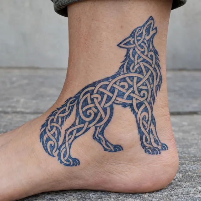 Woad blue Celtic animal tattoo on the ankle