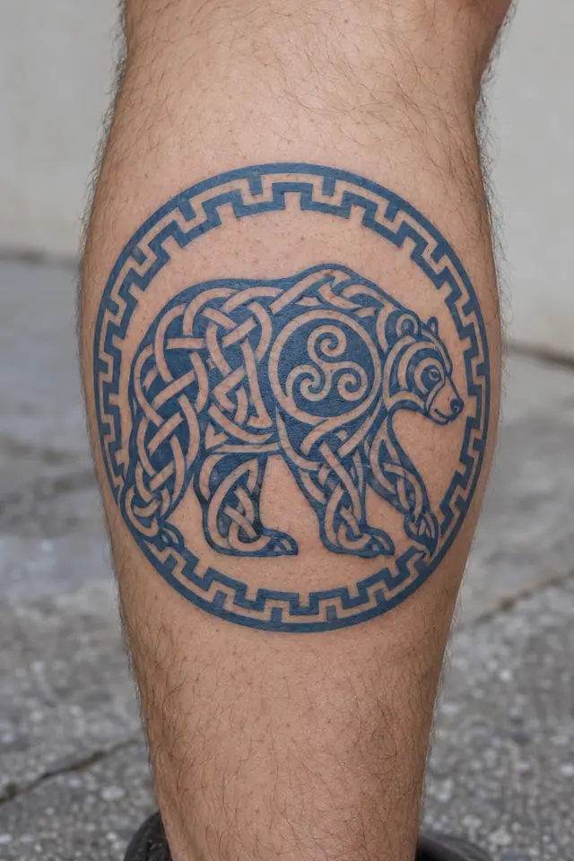 Woad blue Celtic animal tattoo on the calf