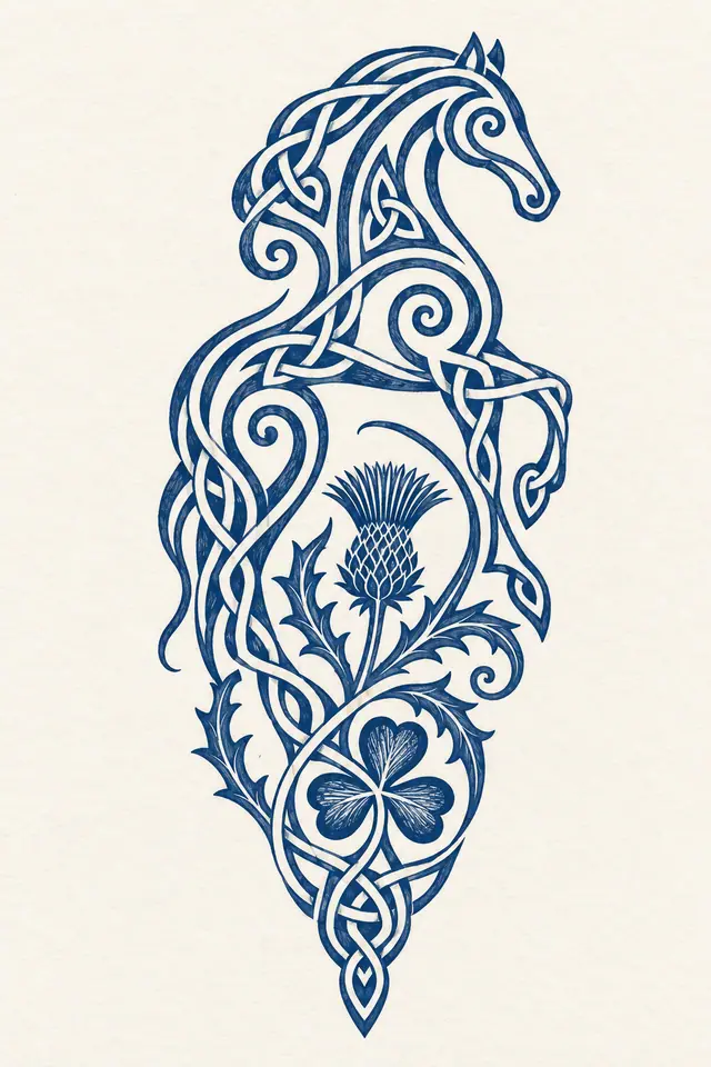 Woad blue Celtic animal tattoo design for the calf