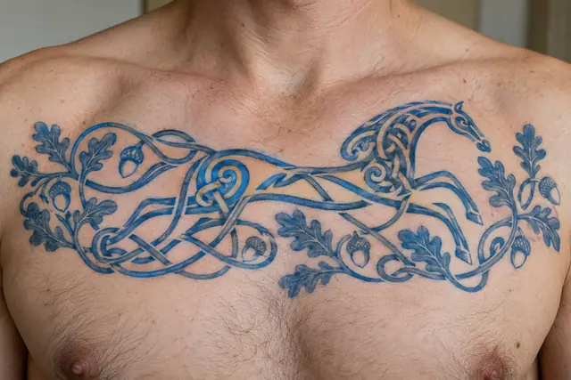 Woad blue Celtic animal tattoo on the chest