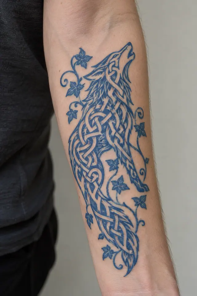 Woad blue Celtic animal tattoo on the forearm