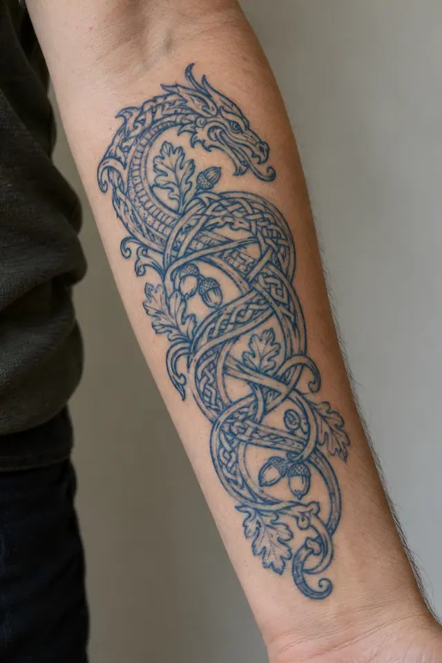 Woad blue Celtic animal tattoo on the forearm
