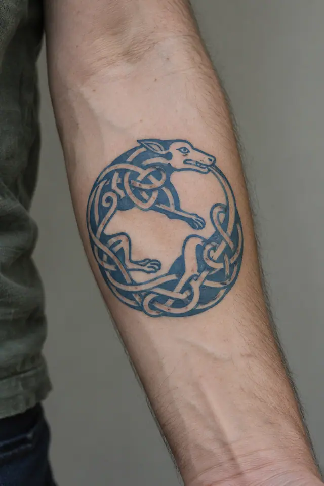 Woad blue Celtic animal tattoo on the forearm