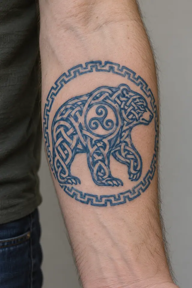 Woad blue Celtic animal tattoo on the forearm