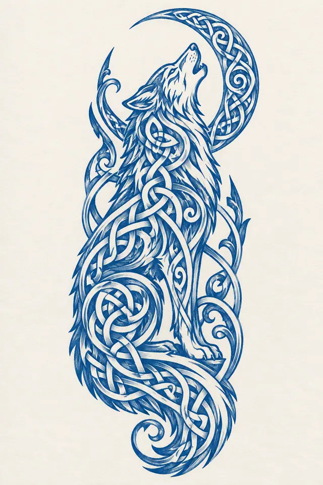 Woad blue Celtic animal tattoo design for the upper arm (half sleeve)