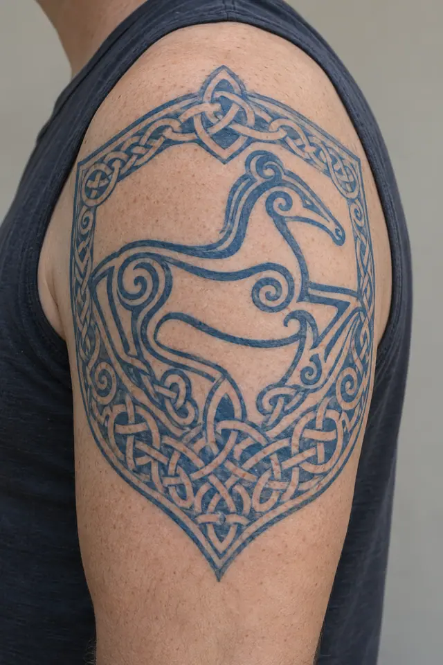 Woad blue Celtic animal tattoo on the upper arm (half sleeve)