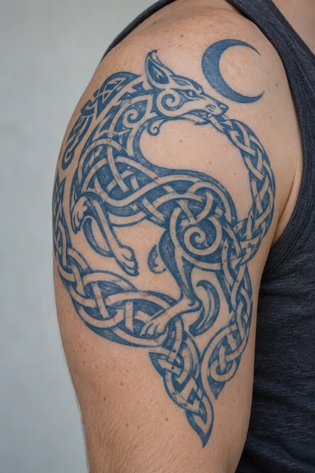 Woad blue Celtic animal tattoo on the upper arm (half sleeve)