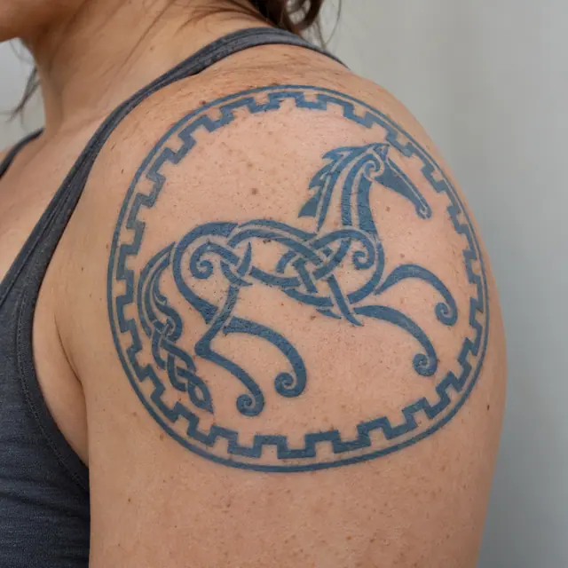 Woad blue Celtic animal tattoo on the shoulder