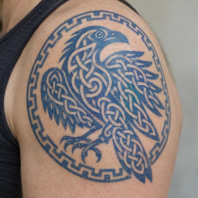 Woad blue Celtic animal tattoo on the shoulder