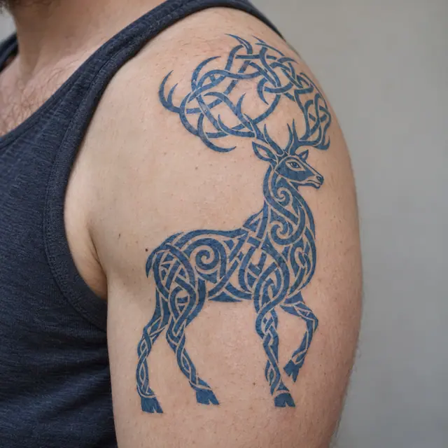 Woad blue Celtic animal tattoo on the shoulder
