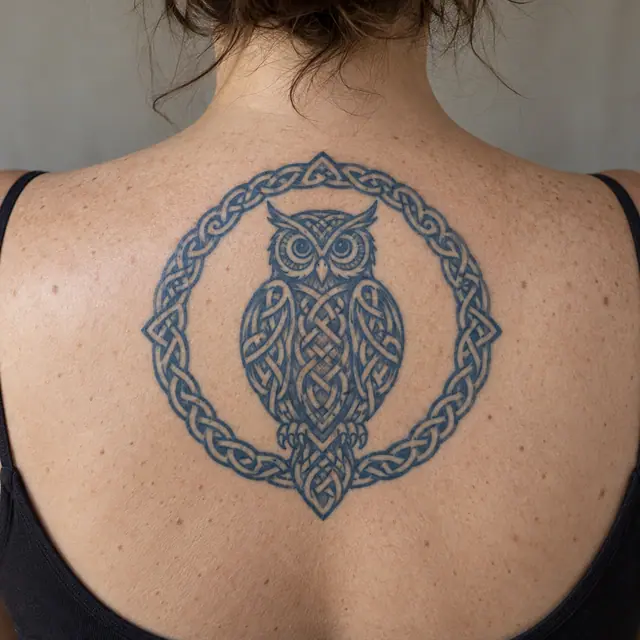 Woad blue Celtic animal tattoo on the upper back