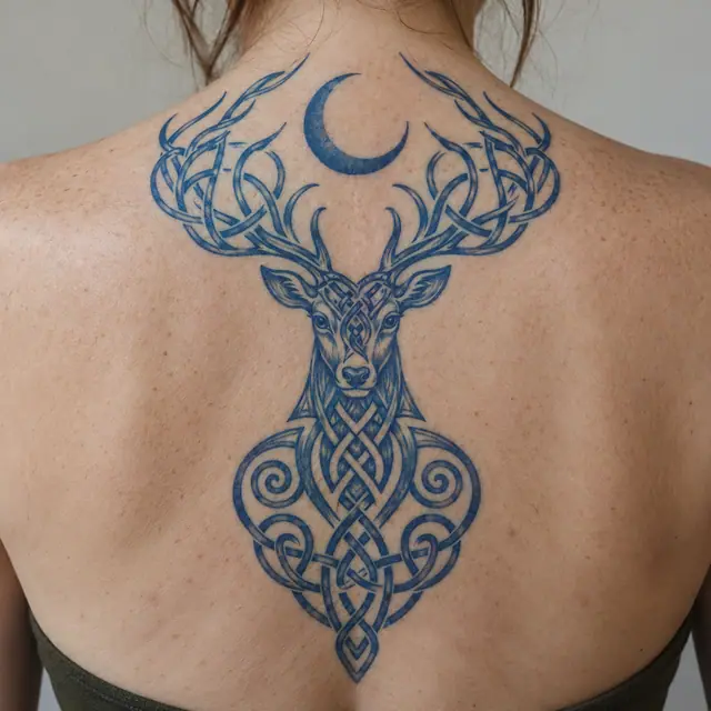 Woad blue Celtic animal tattoo on the upper back