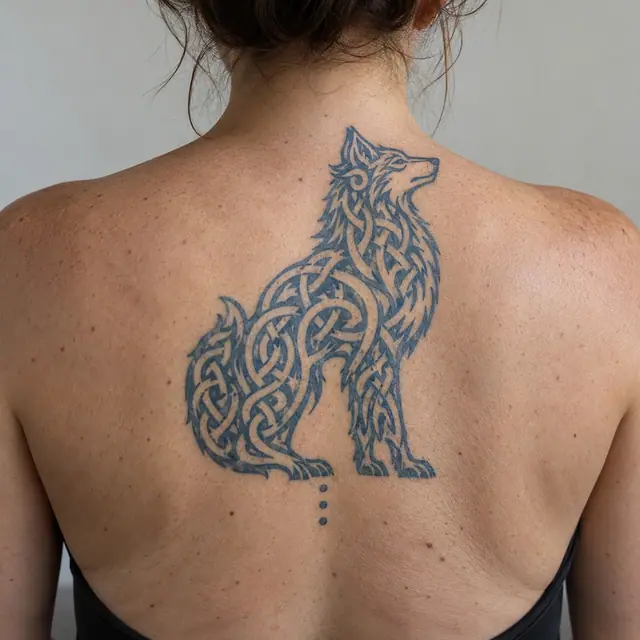 Woad blue Celtic animal tattoo on the upper back