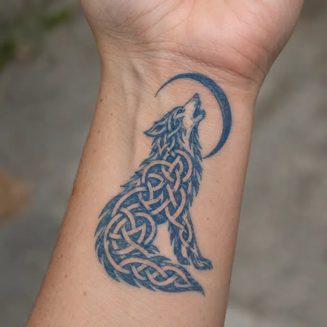 Woad blue Celtic animal tattoo on the wrist