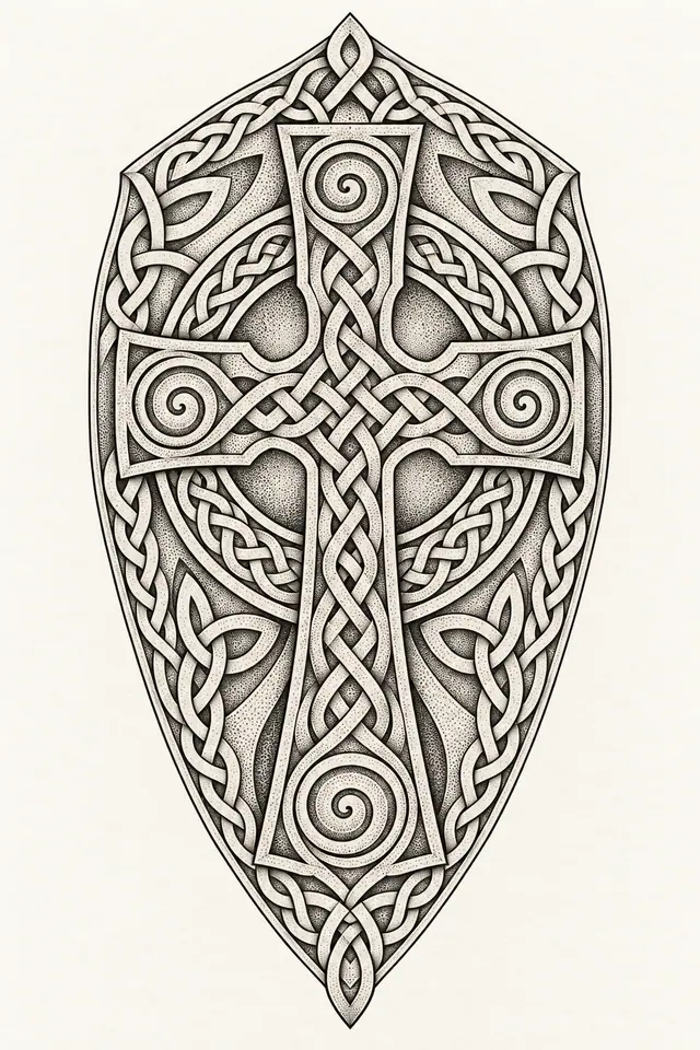 Dotwork Celtic cross tattoo design for the calf