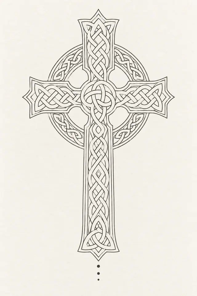 Fine-line Celtic cross tattoo design for the calf