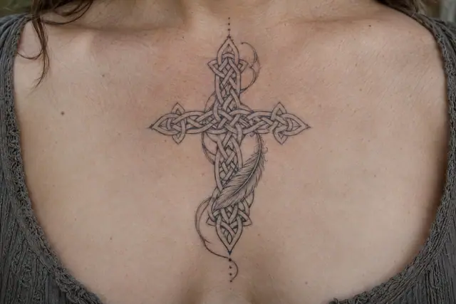 Fine-line Celtic cross tattoo on the chest