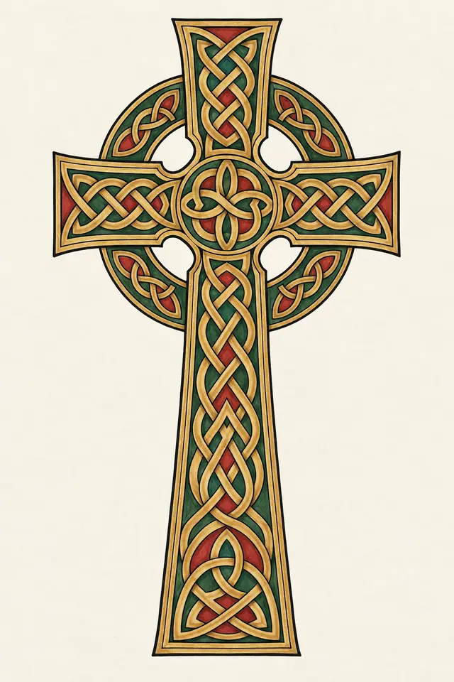 Color illuminated Celtic cross tattoo design for the calf