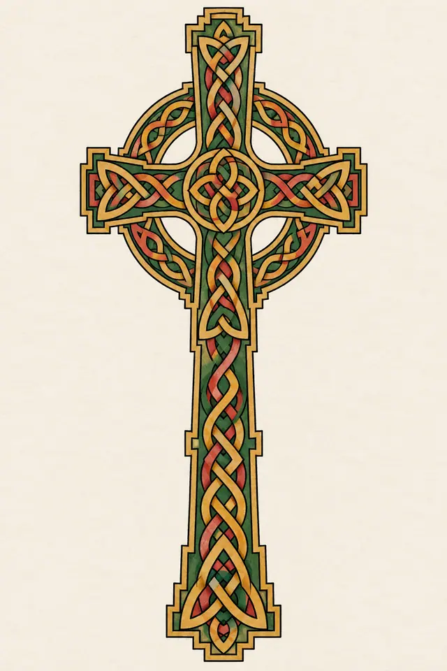 Color illuminated Celtic cross tattoo design for the calf