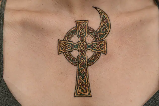 Color illuminated Celtic cross tattoo on the chest