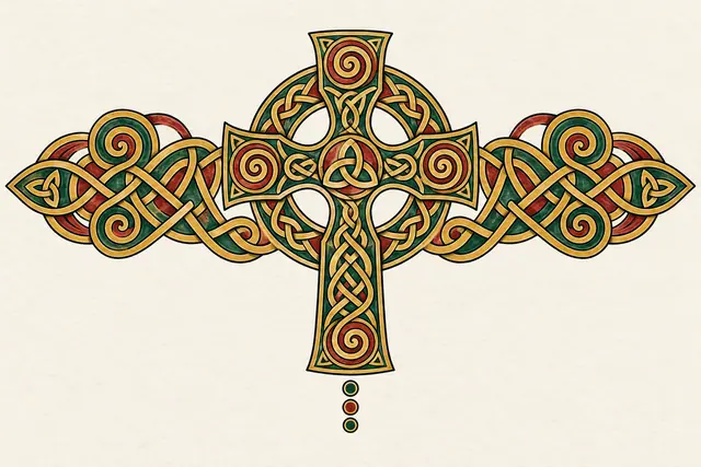 Color illuminated Celtic cross tattoo design for the chest