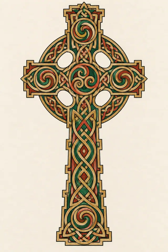 Color illuminated Celtic cross tattoo design for the forearm