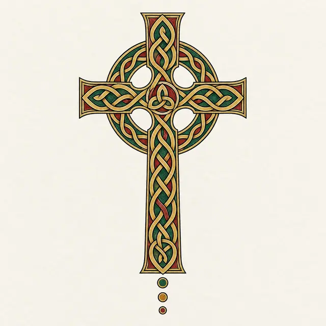Color illuminated Celtic cross tattoo design for the upper back