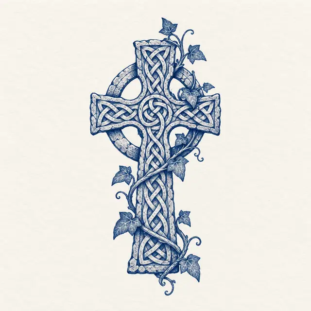 Woad blue Celtic cross tattoo design for the ankle