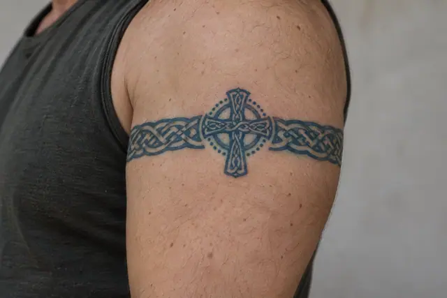 Woad blue Celtic cross tattoo on the arm (armband)