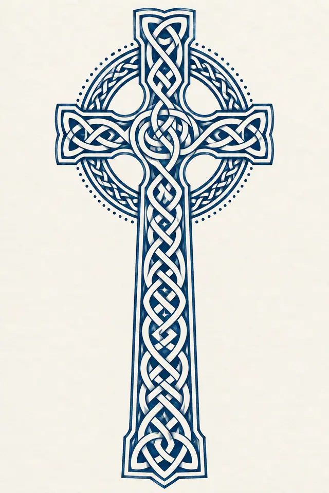 Woad blue Celtic cross tattoo design for the calf