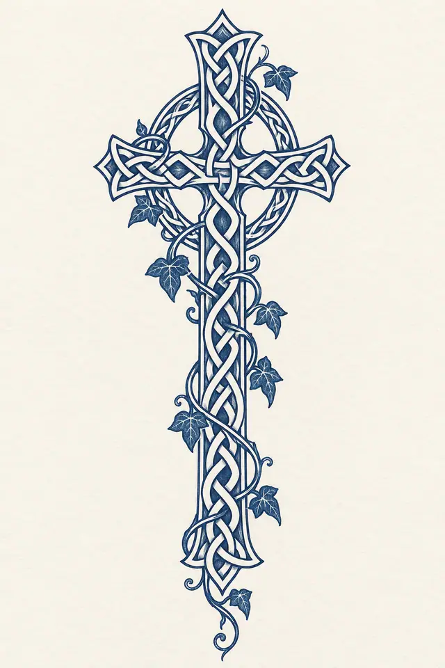 Woad blue Celtic cross tattoo design for the calf
