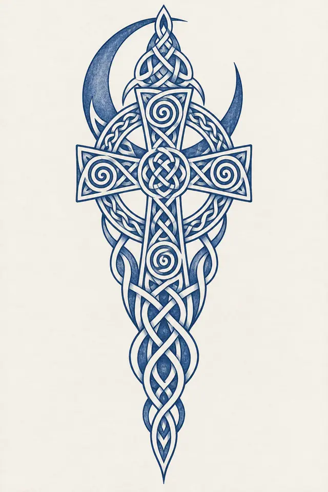 Woad blue Celtic cross tattoo design for the calf