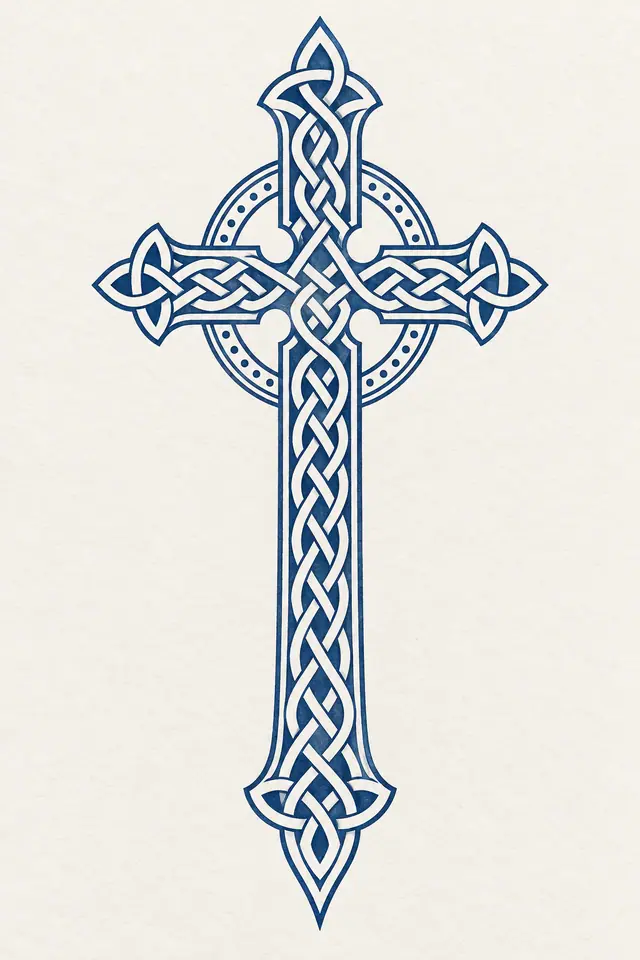 Woad blue Celtic cross tattoo design for the calf