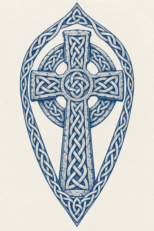 Woad blue Celtic cross tattoo design for the calf