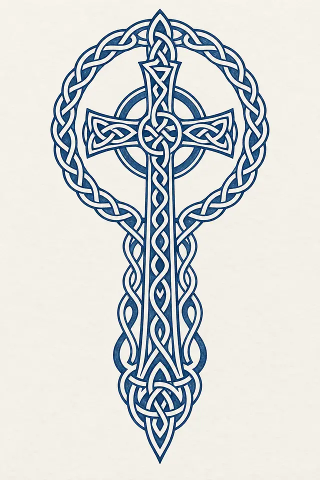 Woad blue Celtic cross tattoo design for the calf