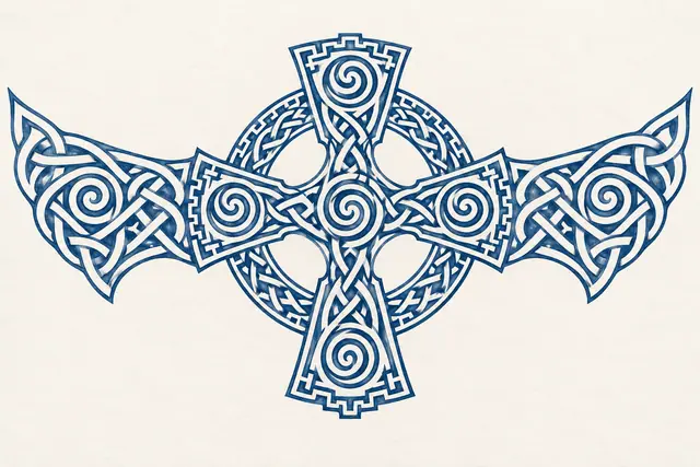Woad blue Celtic cross tattoo design for the chest