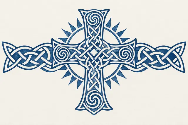 Woad blue Celtic cross tattoo design for the chest