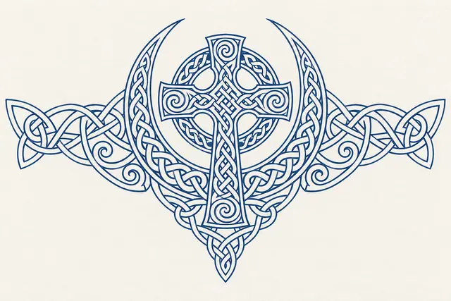 Woad blue Celtic cross tattoo design for the chest