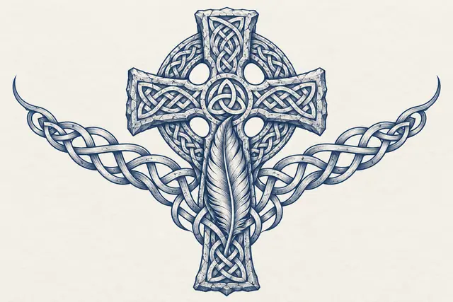 Woad blue Celtic cross tattoo design for the chest