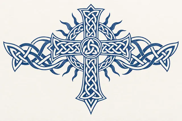 Woad blue Celtic cross tattoo design for the chest
