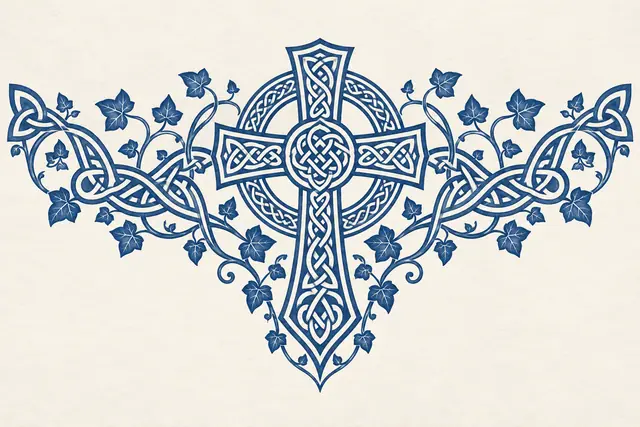 Woad blue Celtic cross tattoo design for the chest